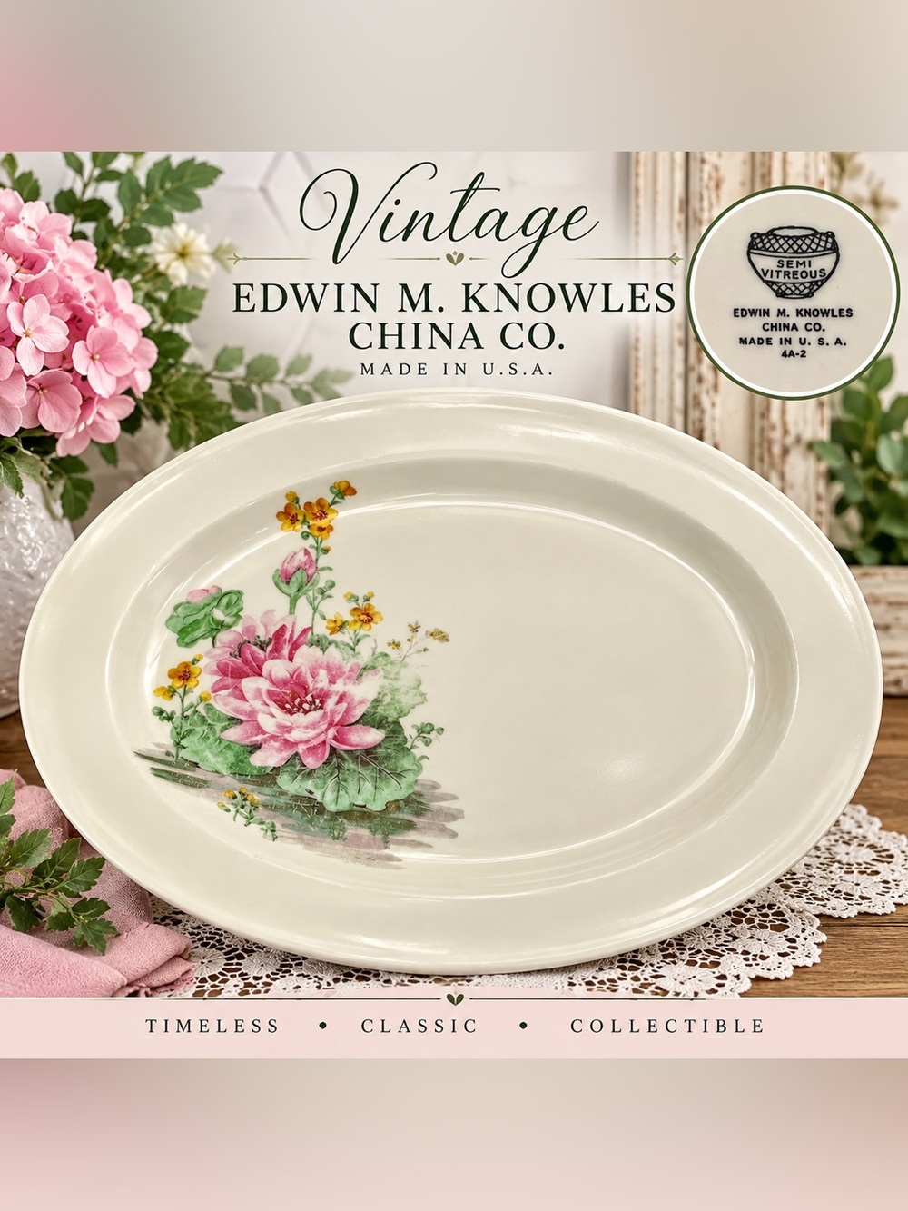 Vintage Edwin M. Knowles Semi Vitreous Floral Oval Serving Platter USA